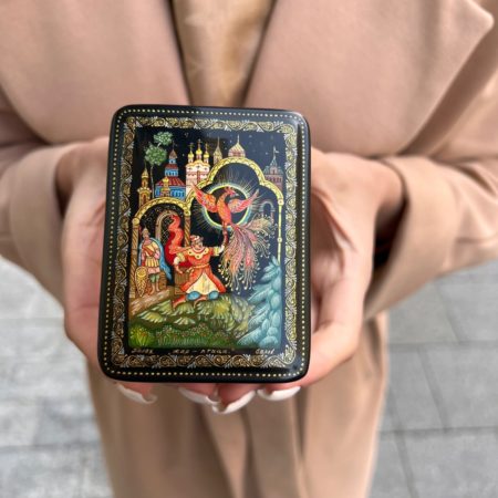 № 105G. Шкатулка лаковая миниатюра «Жар-птица» Палех Авторская Ручная роспись (Размер: 8,5*6,5*4,5 см)