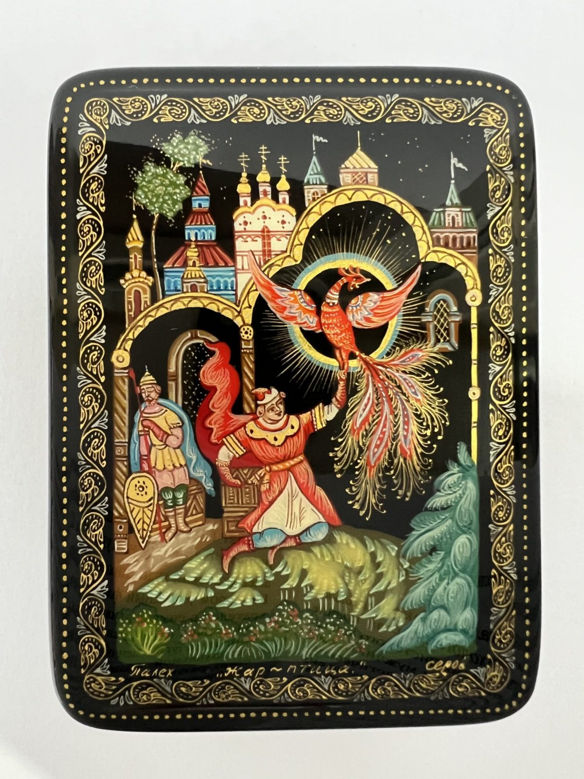 № 105G. Шкатулка лаковая миниатюра «Жар-птица» Палех Авторская Ручная роспись (Размер: 8,5*6,5*4,5 см) — изображение 12