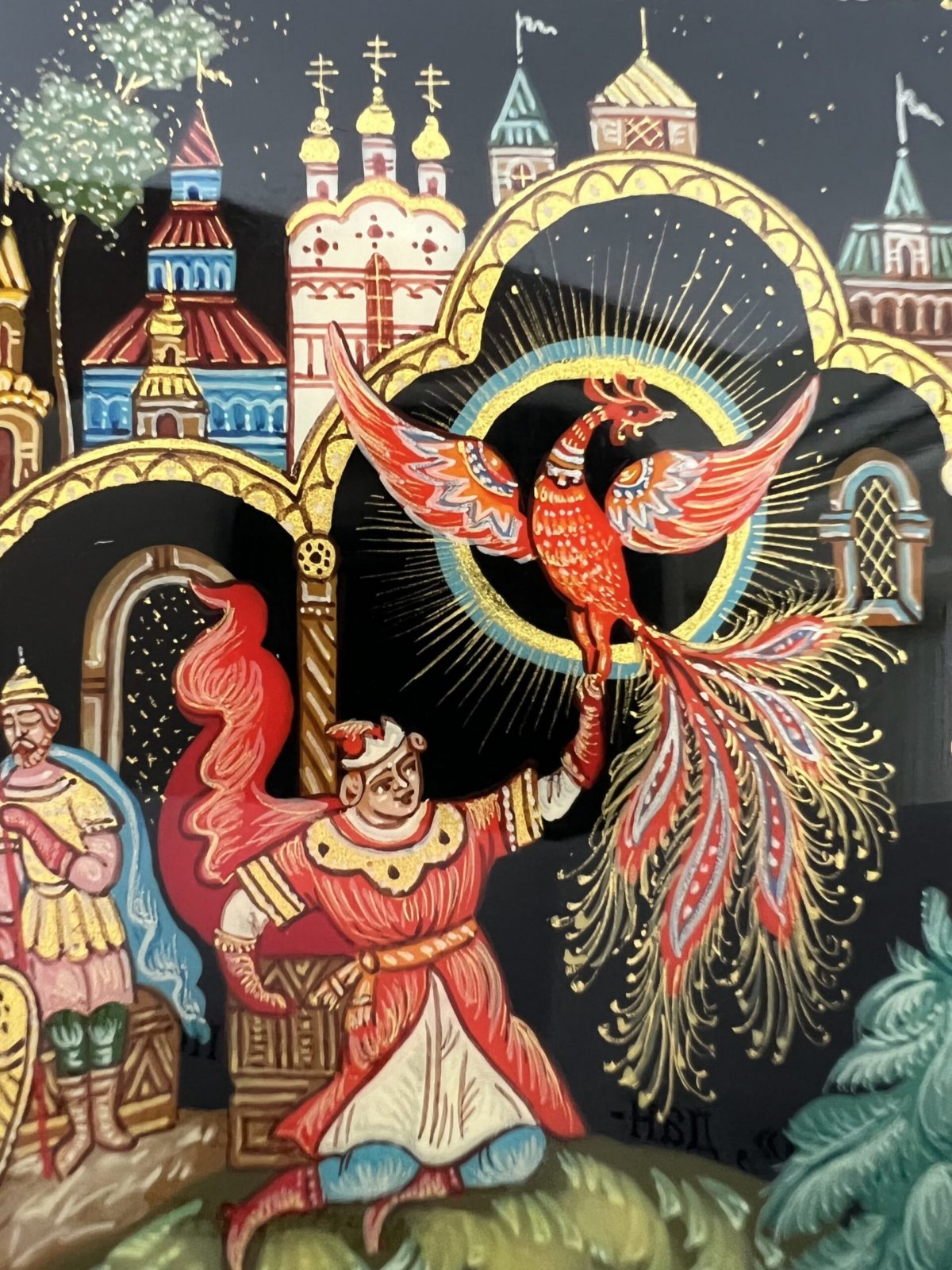 № 105G. Шкатулка лаковая миниатюра «Жар-птица» Палех Авторская Ручная роспись (Размер: 8,5*6,5*4,5 см) — изображение 4